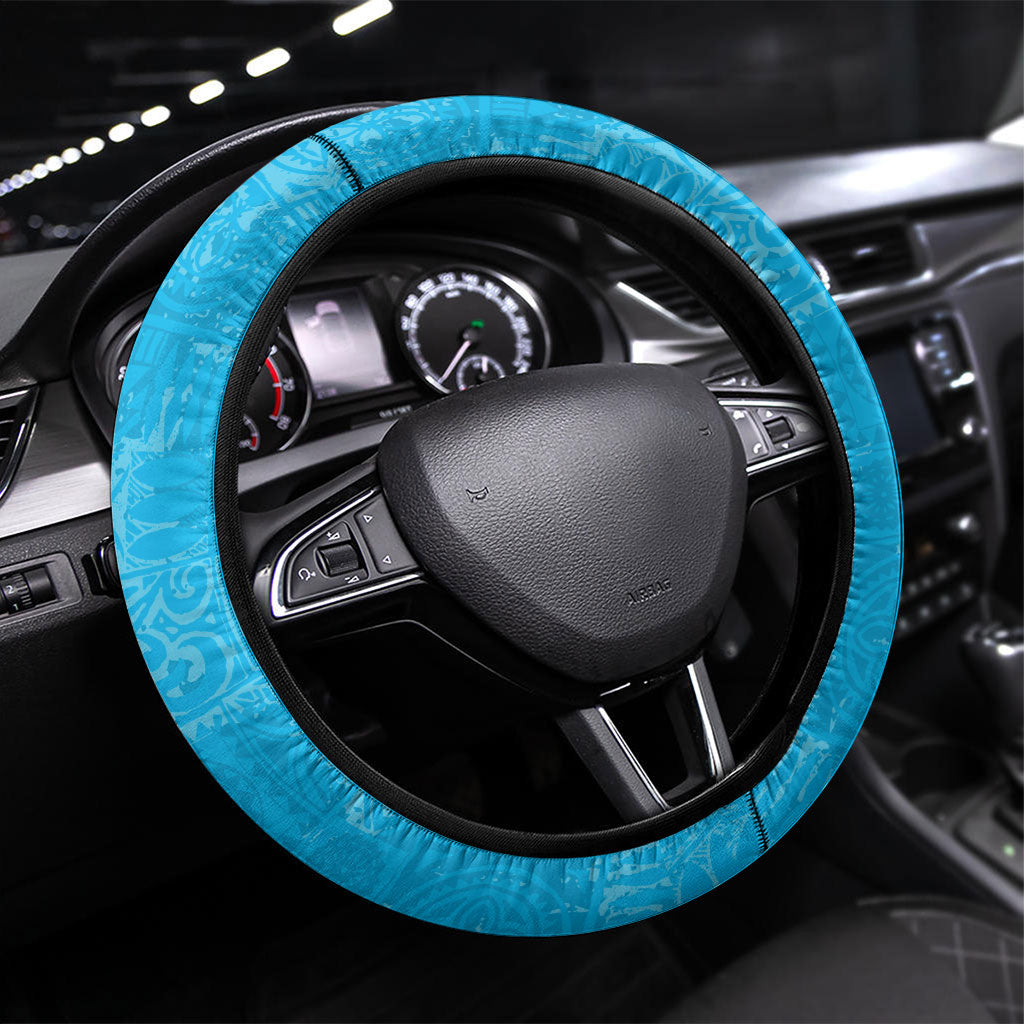 Hawaii Humuhumu Fish Maile Pikake Lei Steering Wheel Cover Tribal Tapa Blue Version LT05 Universal Fit Blue - Polynesian Pride