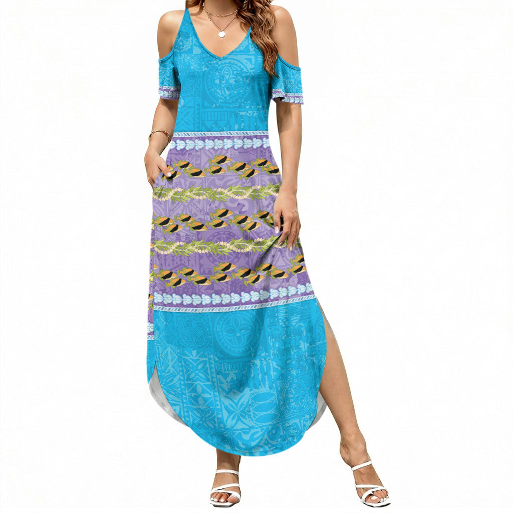 Hawaii Humuhumu Fish Maile Pikake Lei Summer Maxi Dress Tribal Tapa Blue Version LT05 Women Blue - Polynesian Pride