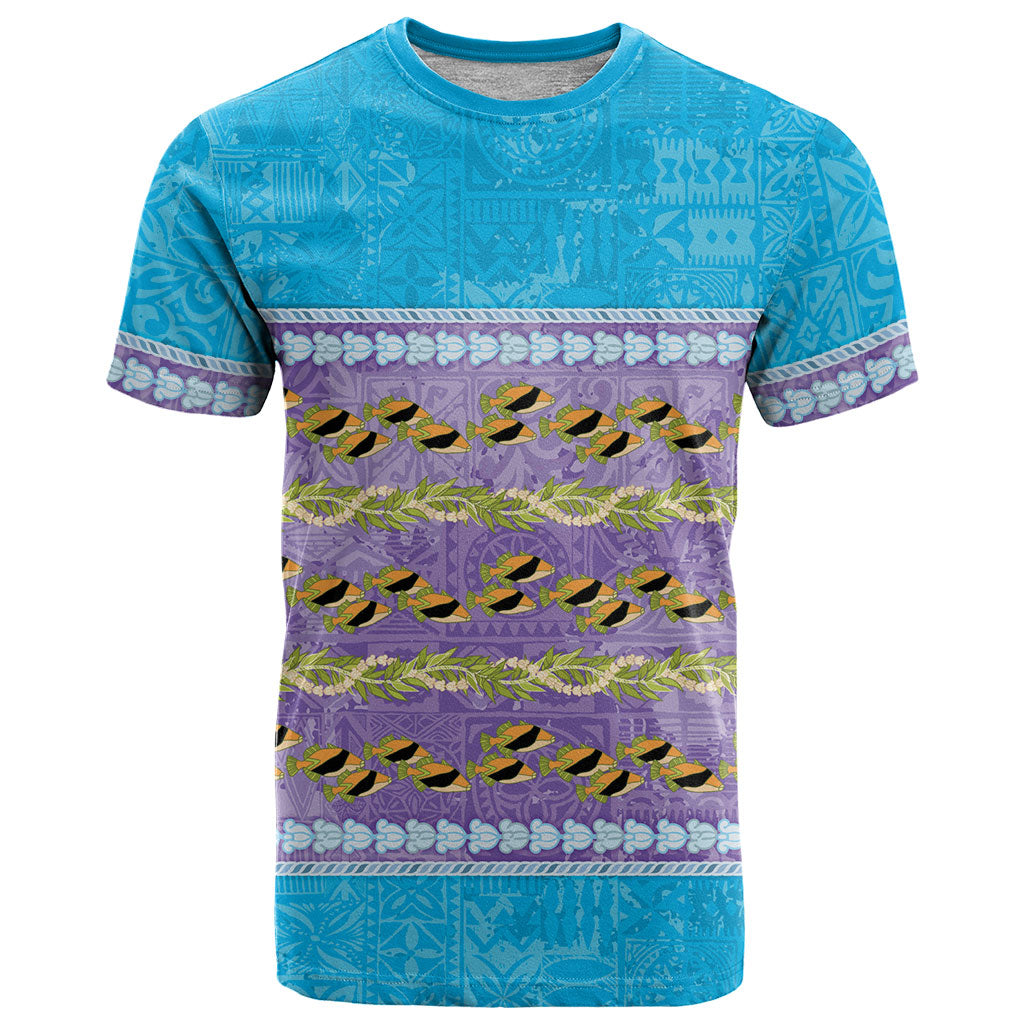 Hawaii Humuhumu Fish Maile Pikake Lei T Shirt Tribal Tapa Blue Version LT05 Blue - Polynesian Pride