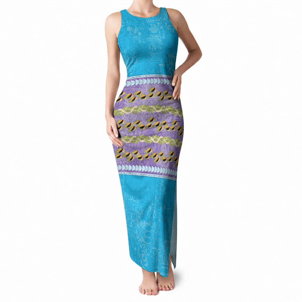 Hawaii Humuhumu Fish Maile Pikake Lei Tank Maxi Dress Tribal Tapa Blue Version LT05 Women Blue - Polynesian Pride