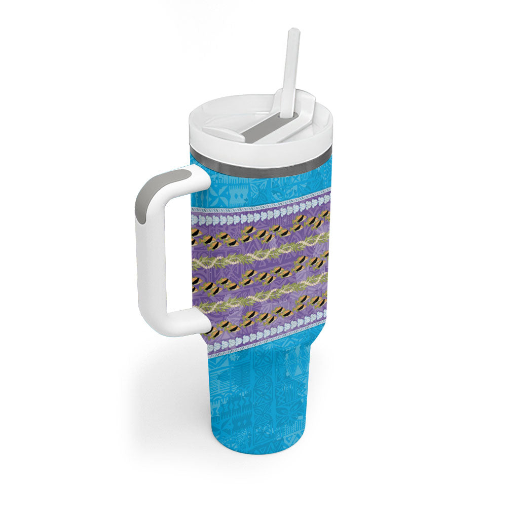 Hawaii Humuhumu Fish Maile Pikake Lei Tumbler With Handle Tribal Tapa Blue Version LT05 - Polynesian Pride