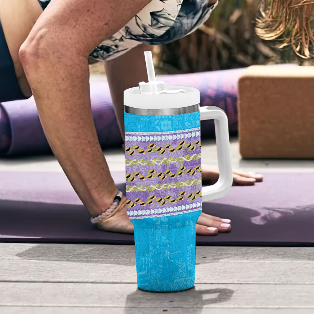 Hawaii Humuhumu Fish Maile Pikake Lei Tumbler With Handle Tribal Tapa Blue Version LT05 - Polynesian Pride