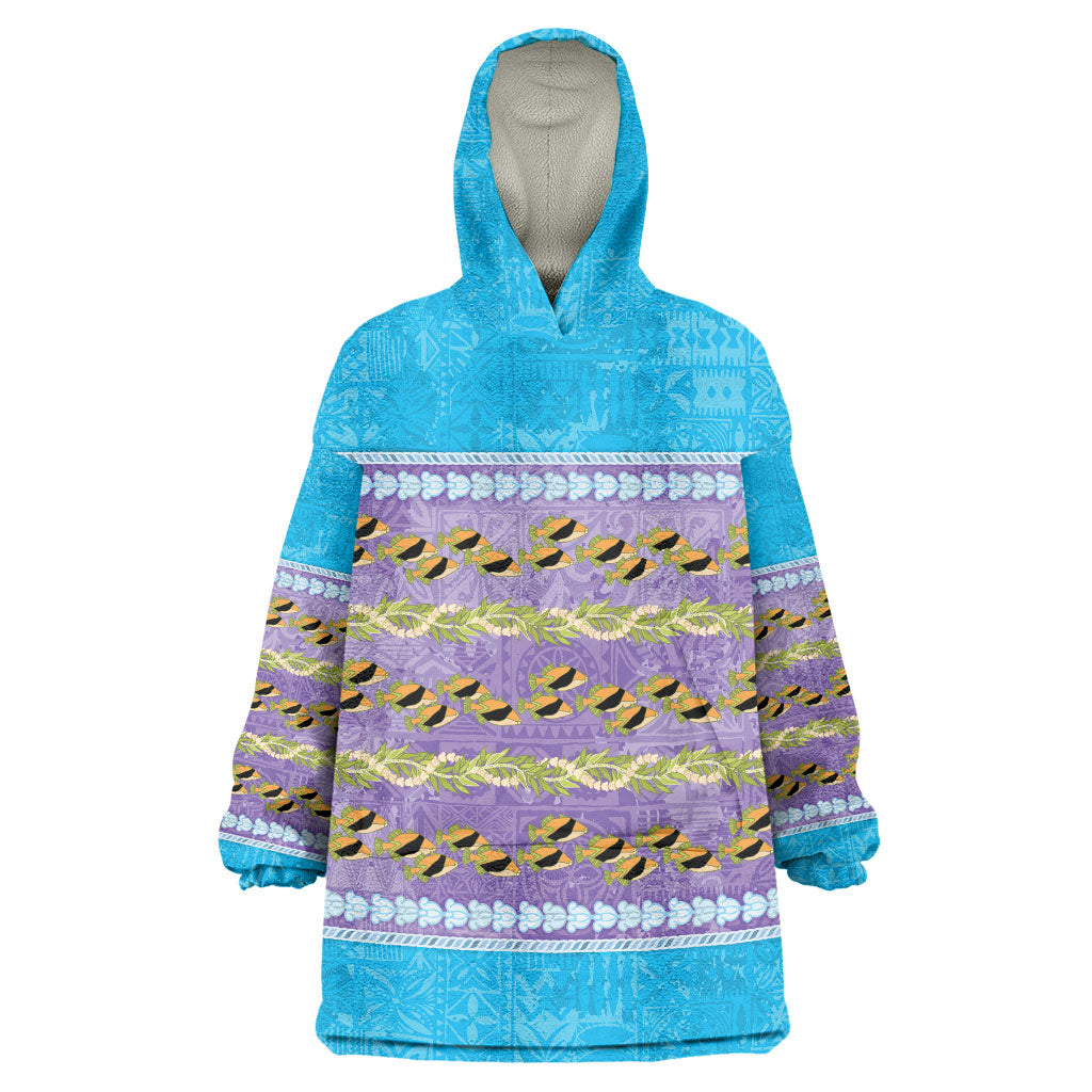 Hawaii Humuhumu Fish Maile Pikake Lei Wearable Blanket Hoodie Tribal Tapa Blue Version LT05 One Size Blue - Polynesian Pride