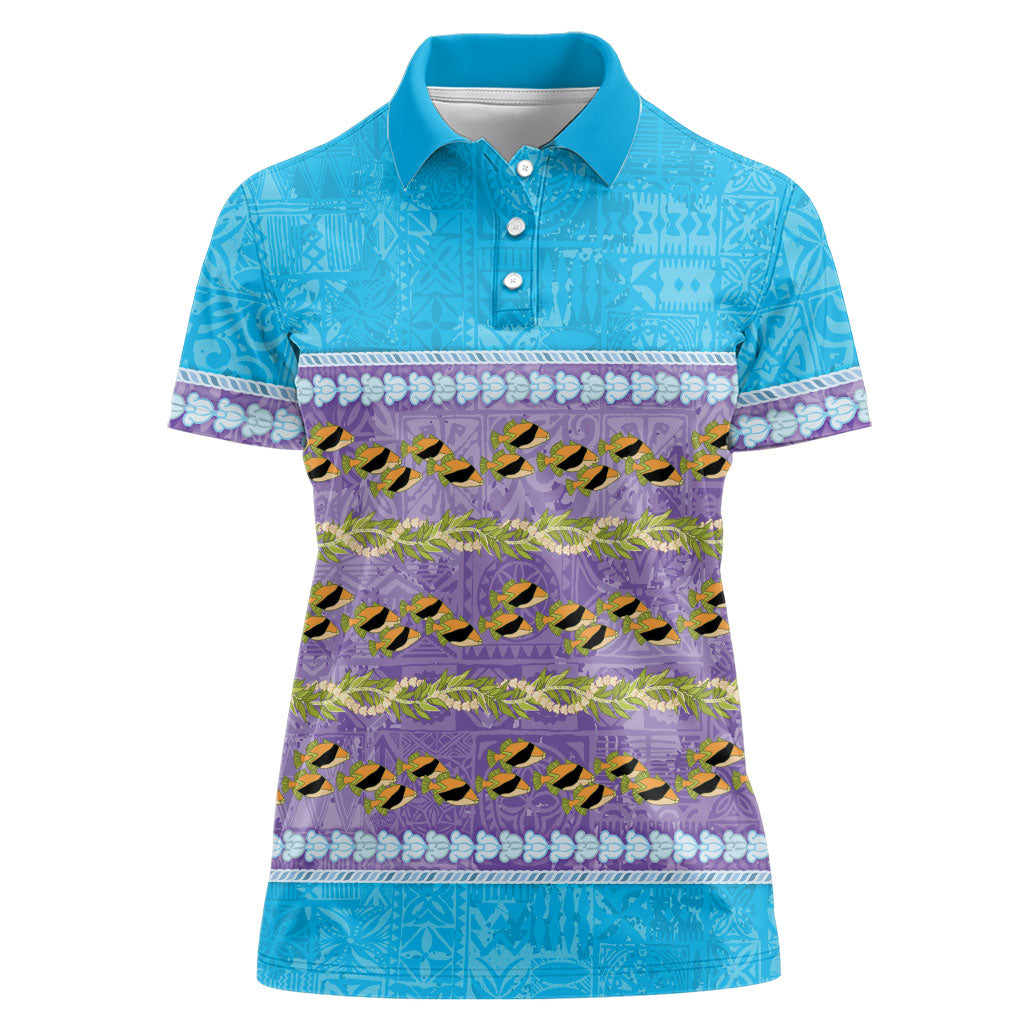 Hawaii Humuhumu Fish Maile Pikake Lei Women Polo Shirt Tribal Tapa Blue Version LT05 Female Blue - Polynesian Pride