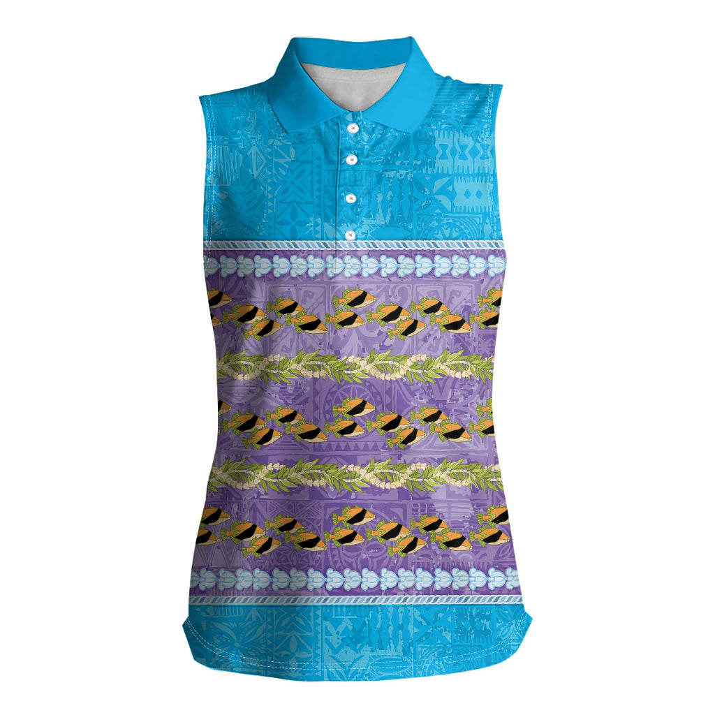 Hawaii Humuhumu Fish Maile Pikake Lei Women Sleeveless Polo Shirt Tribal Tapa Blue Version LT05 Female Blue - Polynesian Pride