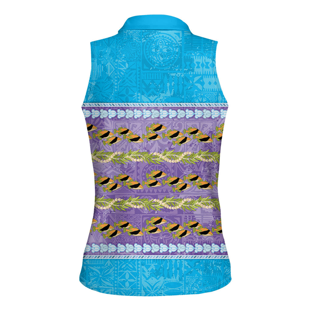 Hawaii Humuhumu Fish Maile Pikake Lei Women Sleeveless Polo Shirt Tribal Tapa Blue Version LT05 - Polynesian Pride