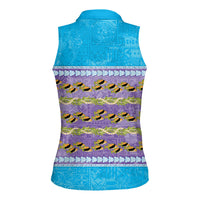 Hawaii Humuhumu Fish Maile Pikake Lei Women Sleeveless Polo Shirt Tribal Tapa Blue Version LT05 - Polynesian Pride