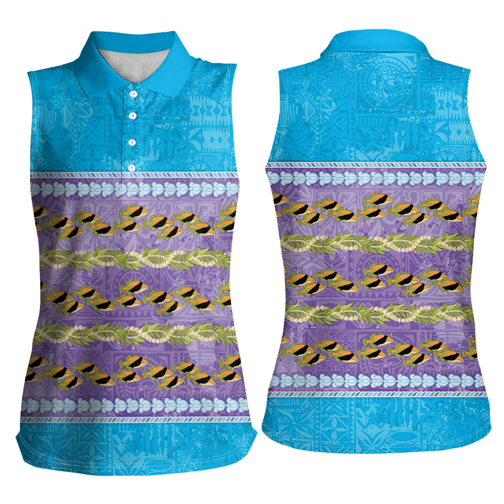 Hawaii Humuhumu Fish Maile Pikake Lei Women Sleeveless Polo Shirt Tribal Tapa Blue Version LT05 - Polynesian Pride