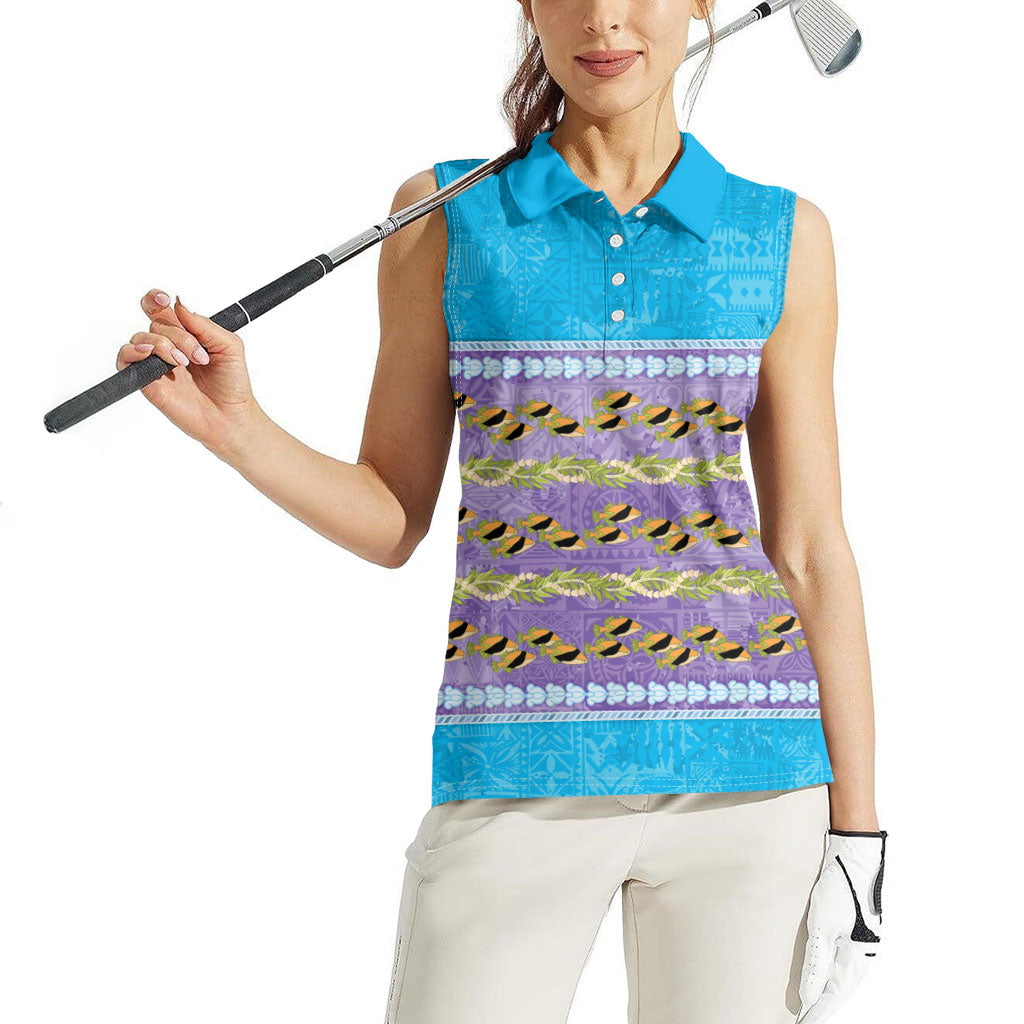Hawaii Humuhumu Fish Maile Pikake Lei Women Sleeveless Polo Shirt Tribal Tapa Blue Version LT05 - Polynesian Pride