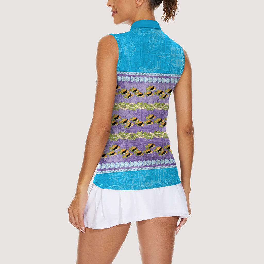 Hawaii Humuhumu Fish Maile Pikake Lei Women Sleeveless Polo Shirt Tribal Tapa Blue Version LT05 - Polynesian Pride