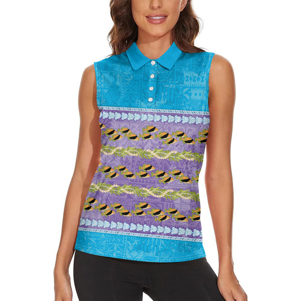 Hawaii Humuhumu Fish Maile Pikake Lei Women Sleeveless Polo Shirt Tribal Tapa Blue Version LT05 - Polynesian Pride