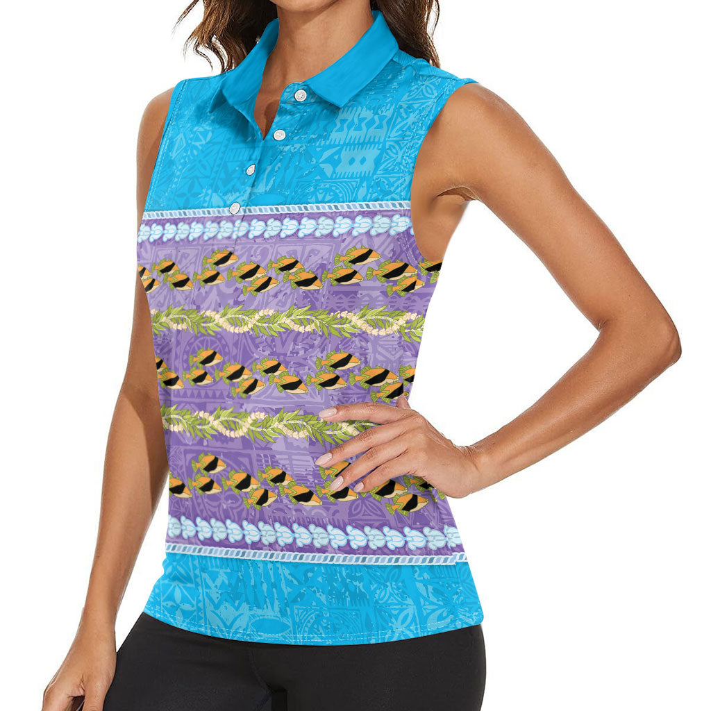 Hawaii Humuhumu Fish Maile Pikake Lei Women Sleeveless Polo Shirt Tribal Tapa Blue Version LT05 - Polynesian Pride