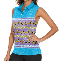 Hawaii Humuhumu Fish Maile Pikake Lei Women Sleeveless Polo Shirt Tribal Tapa Blue Version LT05 - Polynesian Pride