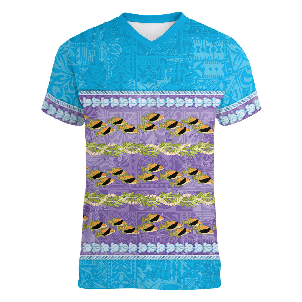 Hawaii Humuhumu Fish Maile Pikake Lei Women V-Neck T-Shirt Tribal Tapa Blue Version LT05 Female Blue - Polynesian Pride