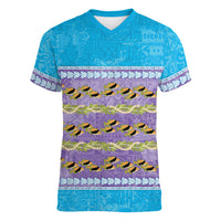 Hawaii Humuhumu Fish Maile Pikake Lei Women V-Neck T-Shirt Tribal Tapa Blue Version LT05 Female Blue - Polynesian Pride