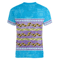 Hawaii Humuhumu Fish Maile Pikake Lei Women V-Neck T-Shirt Tribal Tapa Blue Version LT05 - Polynesian Pride
