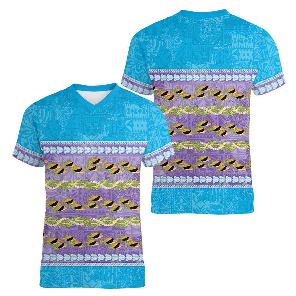 Hawaii Humuhumu Fish Maile Pikake Lei Women V-Neck T-Shirt Tribal Tapa Blue Version LT05 - Polynesian Pride