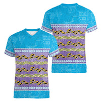 Hawaii Humuhumu Fish Maile Pikake Lei Women V-Neck T-Shirt Tribal Tapa Blue Version LT05 - Polynesian Pride