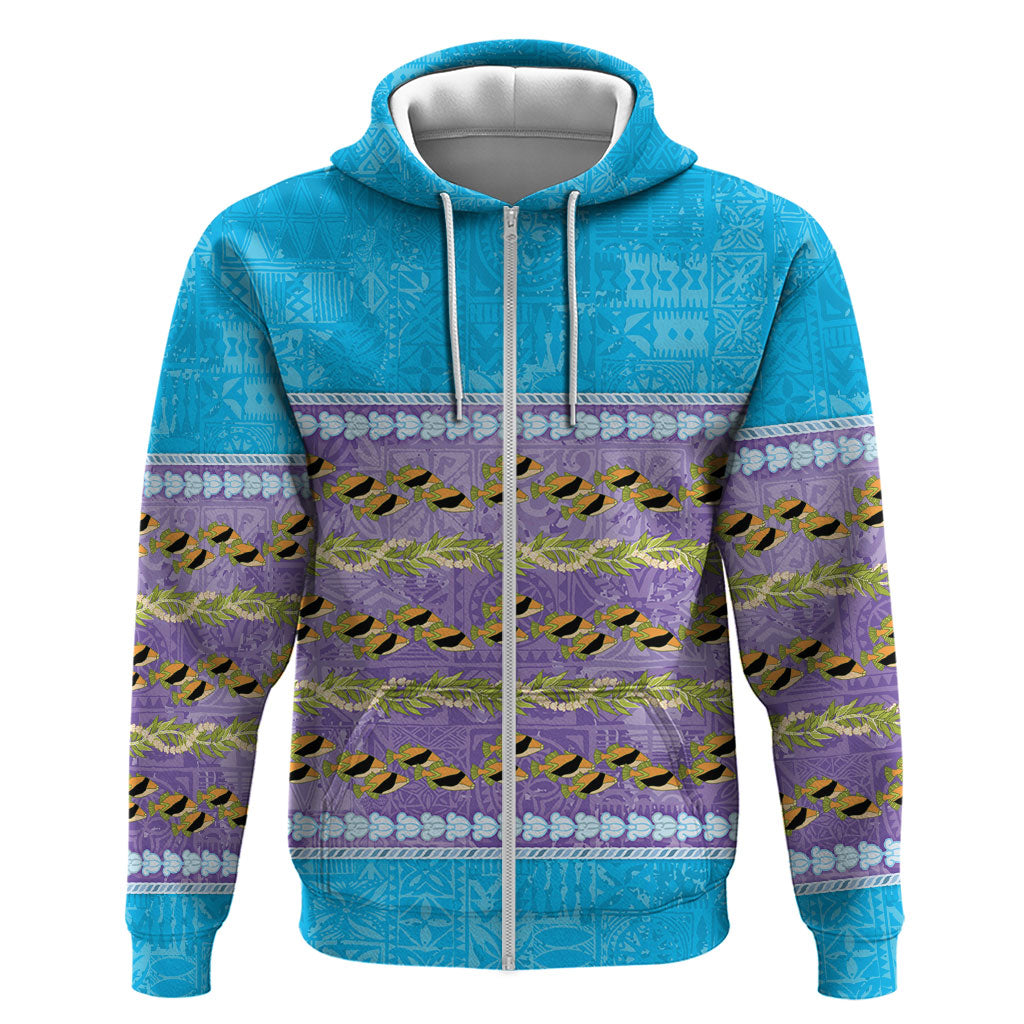 Hawaii Humuhumu Fish Maile Pikake Lei Zip Hoodie Tribal Tapa Blue Version LT05 Zip Hoodie Blue - Polynesian Pride