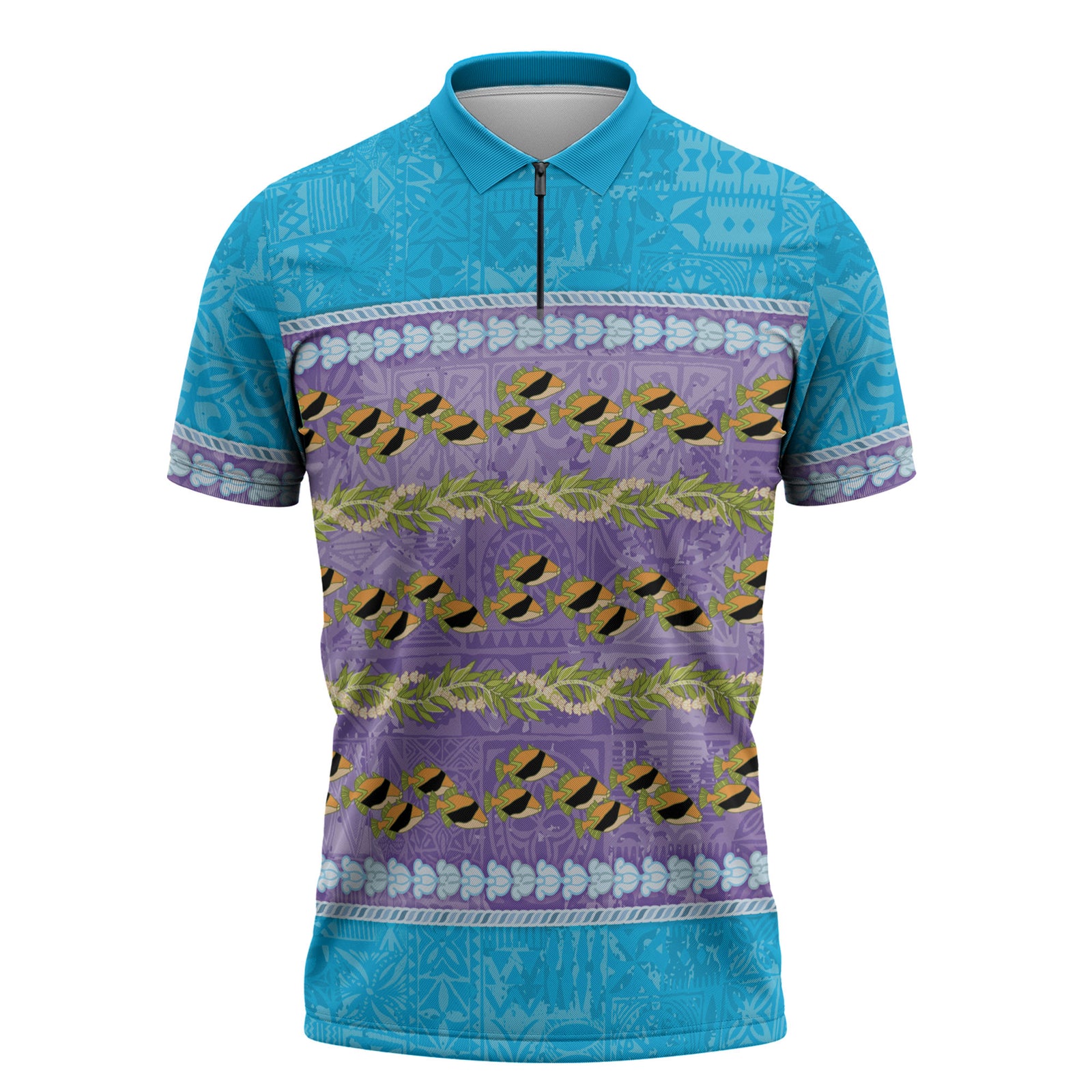 Hawaii Humuhumu Fish Maile Pikake Lei Zipper Polo Shirt Tribal Tapa Blue Version LT05 Blue - Polynesian Pride