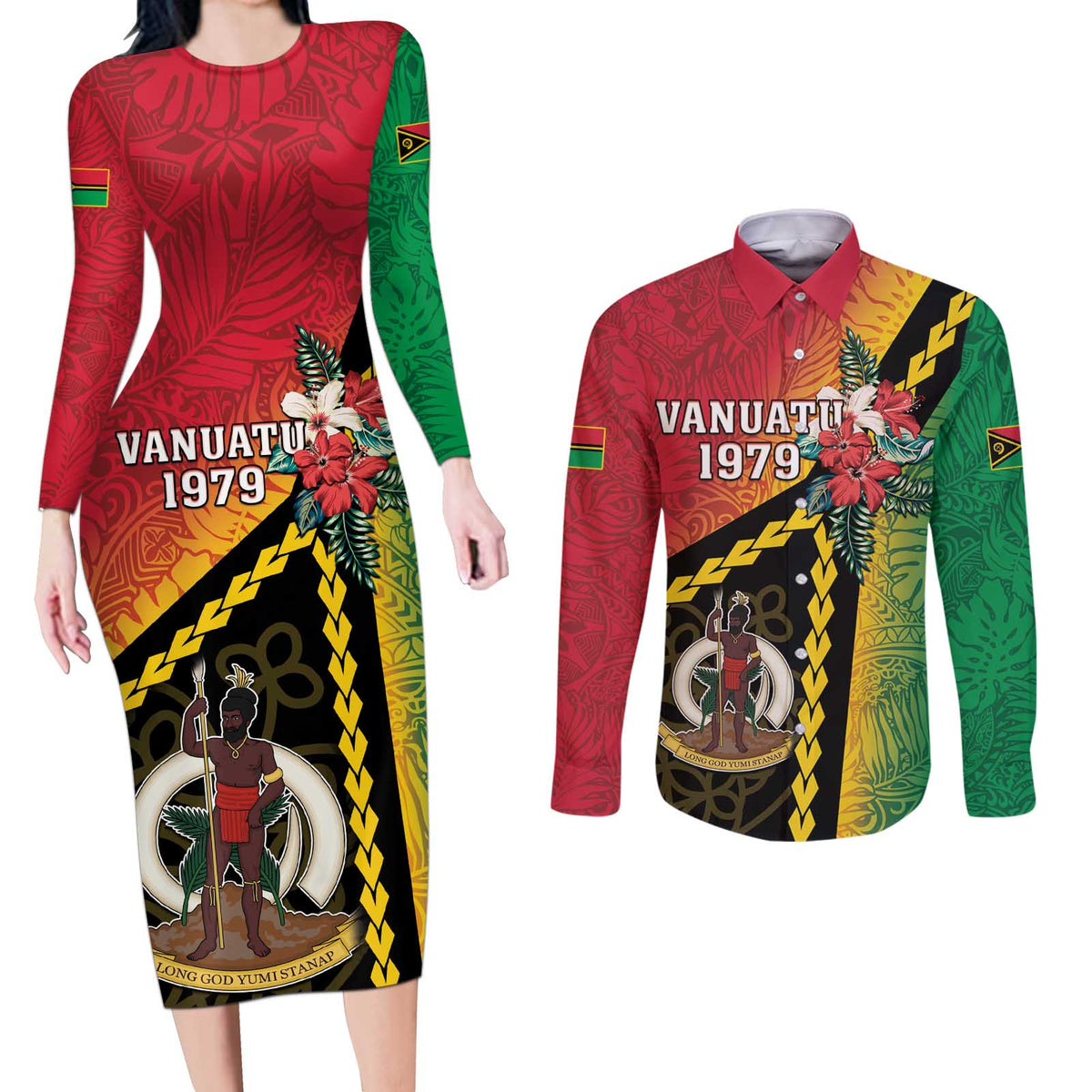 Happy Vanuatu Constitution Day Couples Matching Long Sleeve Bodycon Dress and Long Sleeve Button Shirt Flag Style With Sand Drawing Pattern LT05 Red - Polynesian Pride