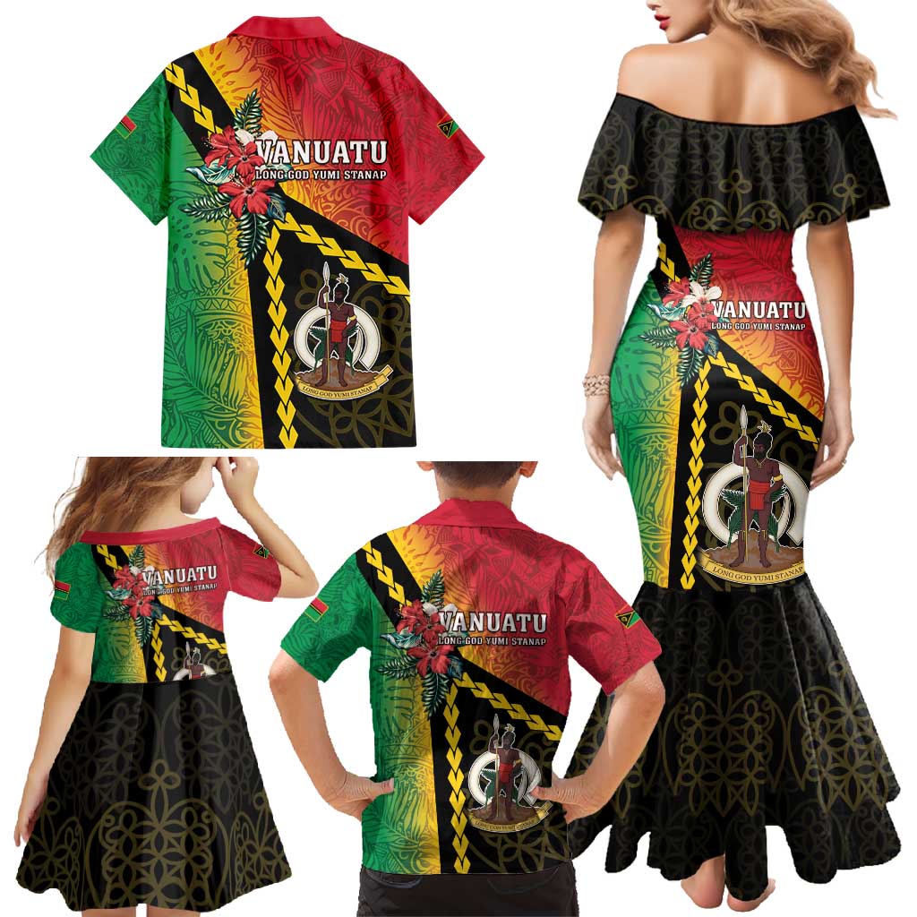 Happy Vanuatu Constitution Day Family Matching Mermaid Dress and Hawaiian Shirt Flag Style With Sand Drawing Pattern LT05 - Polynesian Pride