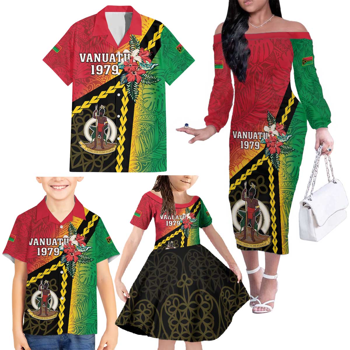 Happy Vanuatu Constitution Day Family Matching Off The Shoulder Long Sleeve Dress and Hawaiian Shirt Flag Style With Sand Drawing Pattern LT05 - Polynesian Pride
