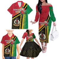 Happy Vanuatu Constitution Day Family Matching Off The Shoulder Long Sleeve Dress and Hawaiian Shirt Flag Style With Sand Drawing Pattern LT05 - Polynesian Pride
