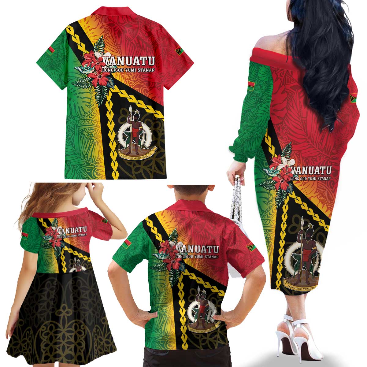Happy Vanuatu Constitution Day Family Matching Off The Shoulder Long Sleeve Dress and Hawaiian Shirt Flag Style With Sand Drawing Pattern LT05 - Polynesian Pride