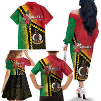 Happy Vanuatu Constitution Day Family Matching Off The Shoulder Long Sleeve Dress and Hawaiian Shirt Flag Style With Sand Drawing Pattern LT05 - Polynesian Pride