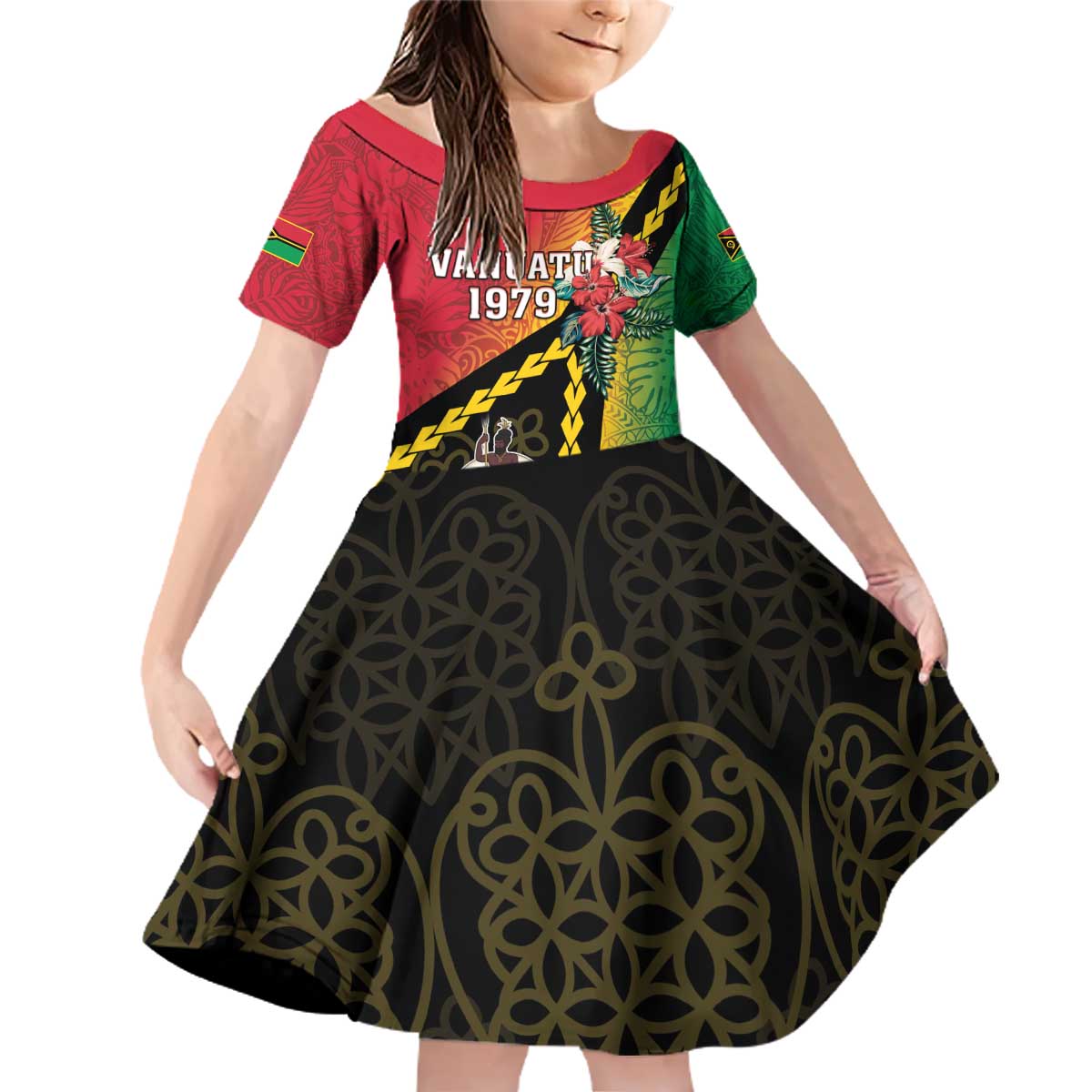 Happy Vanuatu Constitution Day Family Matching Off Shoulder Short Dress and Hawaiian Shirt Flag Style With Sand Drawing Pattern LT05 Daughter's Dress Red - Polynesian Pride