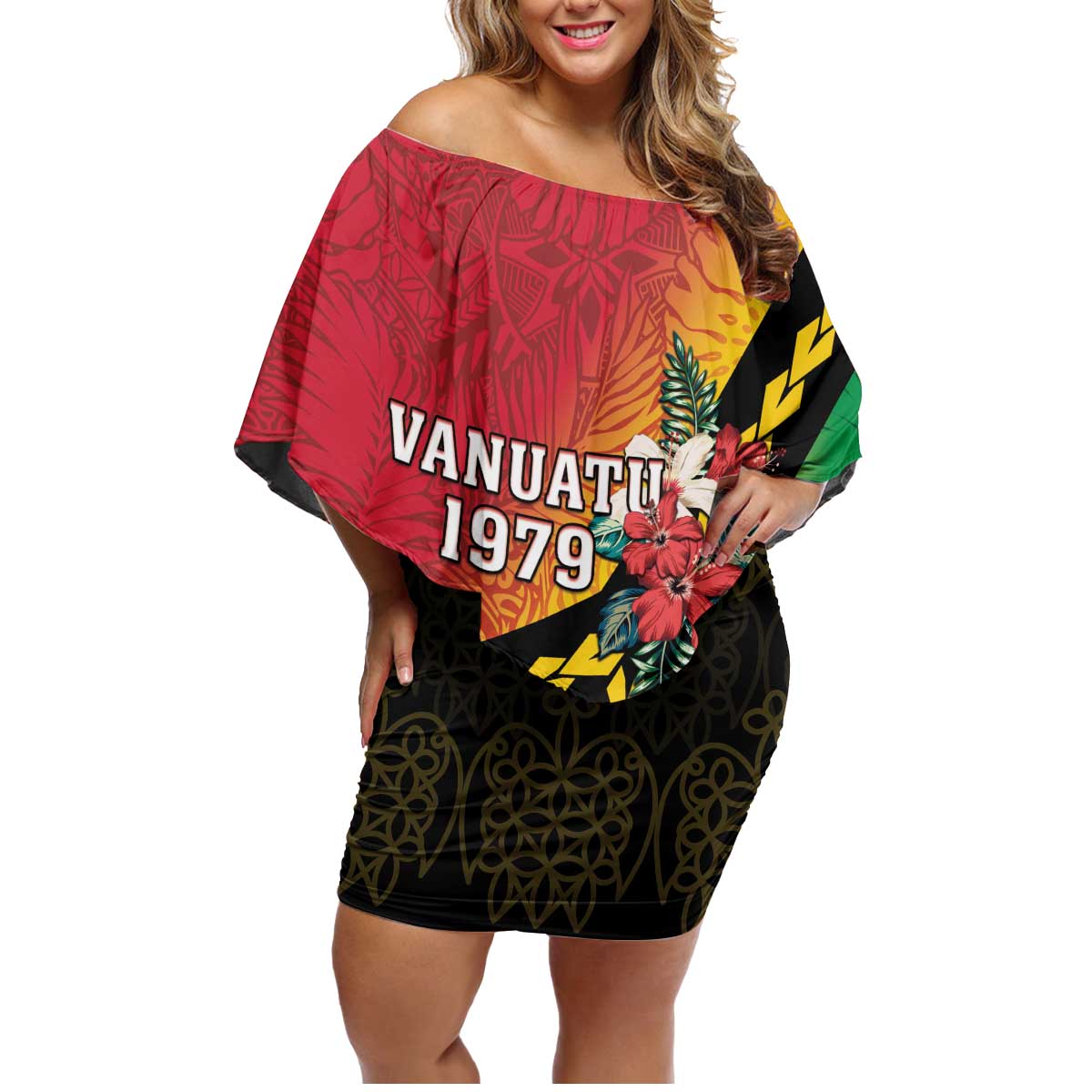 Happy Vanuatu Constitution Day Family Matching Off Shoulder Short Dress and Hawaiian Shirt Flag Style With Sand Drawing Pattern LT05 Mom's Dress Red - Polynesian Pride