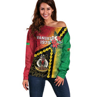 Happy Vanuatu Constitution Day Off Shoulder Sweater Flag Style With Sand Drawing Pattern