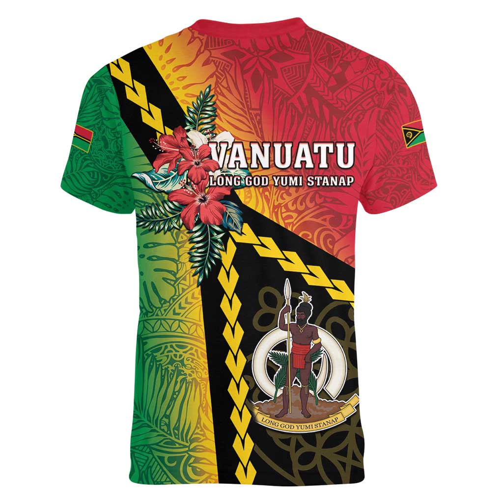 Happy Vanuatu Constitution Day Women V-Neck T-Shirt Flag Style With Sand Drawing Pattern