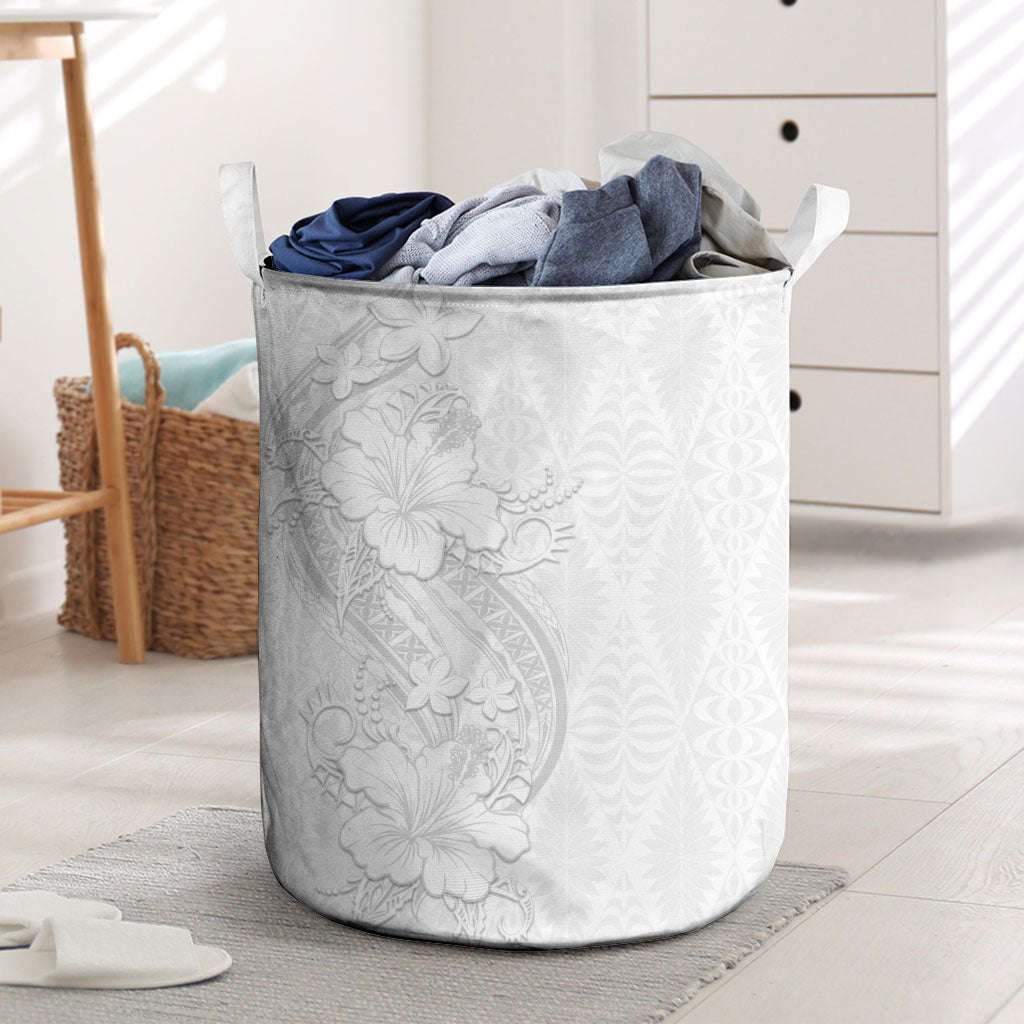 Tokelau White Sunday Laundry Basket Elegant Hibiscus Polynesian Tribal Pattern LT05 White - Polynesian Pride