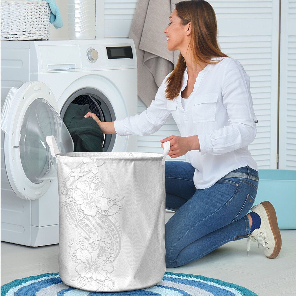 Tokelau White Sunday Laundry Basket Elegant Hibiscus Polynesian Tribal Pattern LT05 - Polynesian Pride