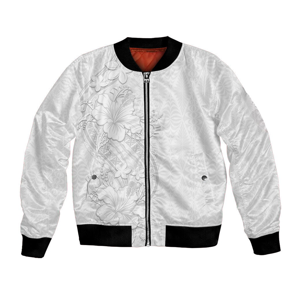 Tokelau White Sunday Bomber Jacket Elegant Hibiscus Polynesian Tribal Pattern LT05 Unisex White - Polynesian Pride