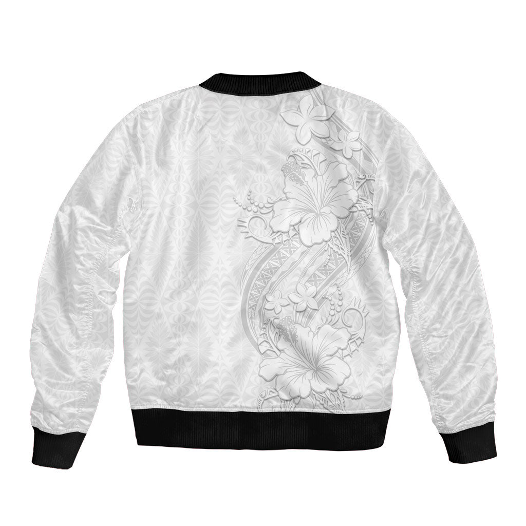 Tokelau White Sunday Bomber Jacket Elegant Hibiscus Polynesian Tribal Pattern LT05 - Polynesian Pride