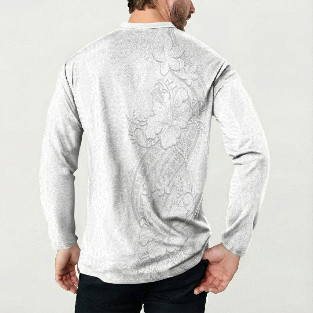 Tokelau White Sunday Button Sweatshirt Elegant Hibiscus Polynesian Tribal Pattern LT05 - Polynesian Pride