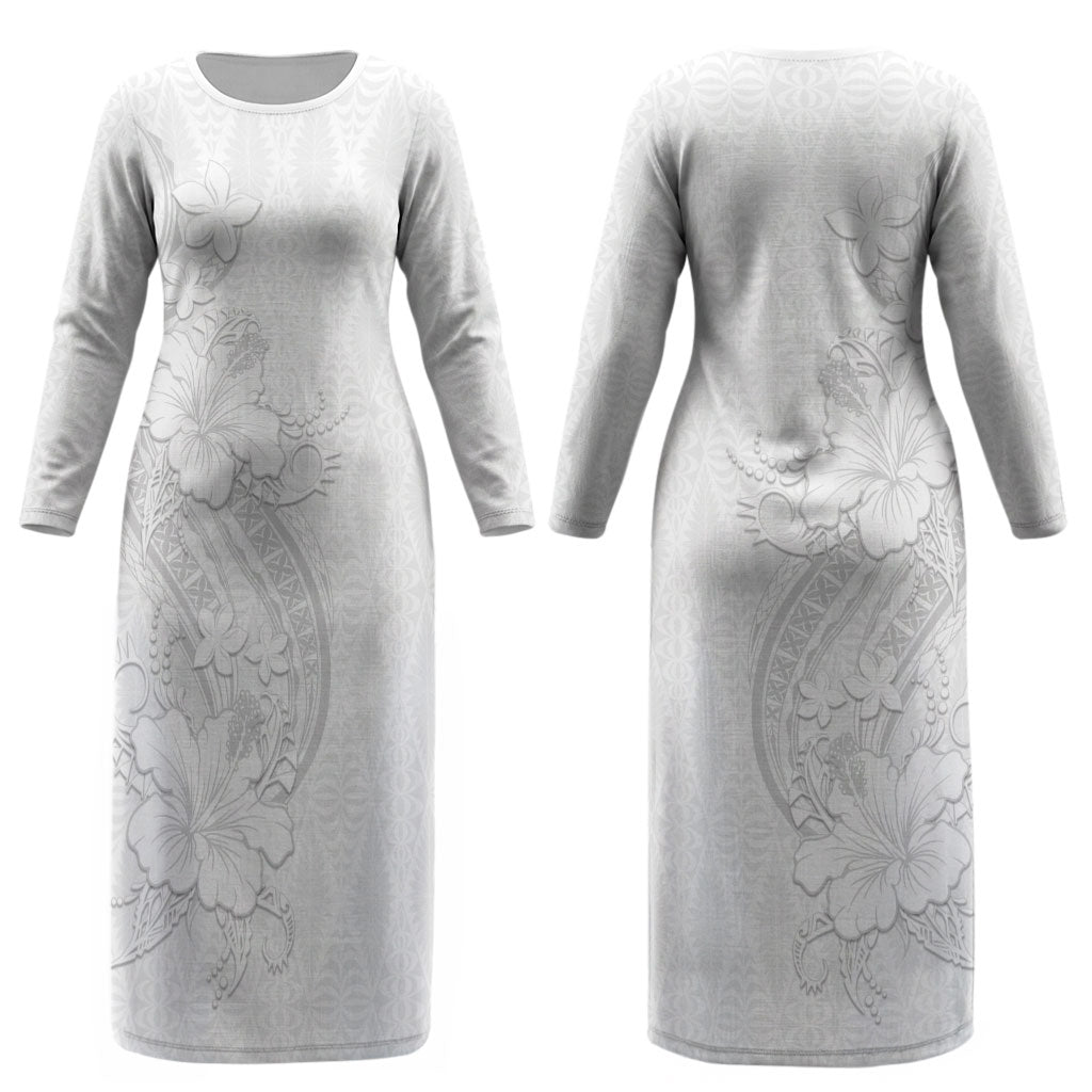 Tokelau White Sunday Couples Matching Long Sleeve Bodycon Dress and Long Sleeve Button Shirt Elegant Hibiscus Polynesian Tribal Pattern LT05 - Polynesian Pride