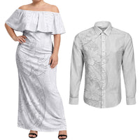 Tokelau White Sunday Couples Matching Off Shoulder Maxi Dress and Long Sleeve Button Shirt Elegant Hibiscus Polynesian Tribal Pattern LT05 White - Polynesian Pride