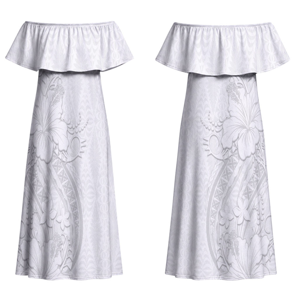 Tokelau White Sunday Couples Matching Off Shoulder Maxi Dress and Long Sleeve Button Shirt Elegant Hibiscus Polynesian Tribal Pattern LT05 - Polynesian Pride