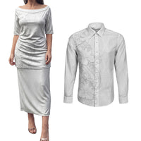 Tokelau White Sunday Couples Matching Puletasi and Long Sleeve Button Shirt Elegant Hibiscus Polynesian Tribal Pattern LT05 White - Polynesian Pride