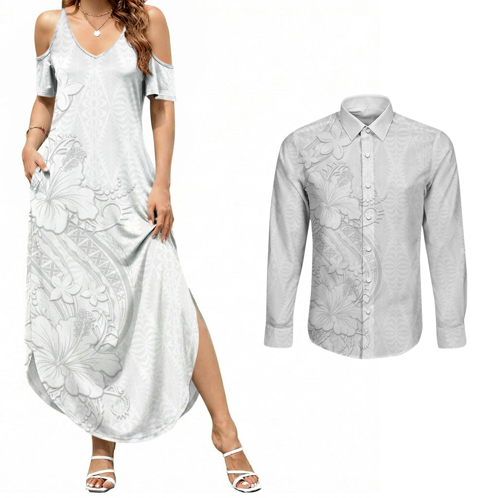 Tokelau White Sunday Couples Matching Summer Maxi Dress and Long Sleeve Button Shirt Elegant Hibiscus Polynesian Tribal Pattern LT05 White - Polynesian Pride