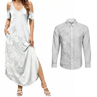 Tokelau White Sunday Couples Matching Summer Maxi Dress and Long Sleeve Button Shirt Elegant Hibiscus Polynesian Tribal Pattern LT05 White - Polynesian Pride