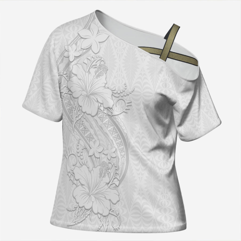 Tokelau White Sunday Cross Shoulder Shirt Elegant Hibiscus Polynesian Tribal Pattern LT05 Female White - Polynesian Pride