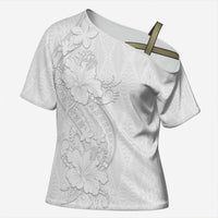 Tokelau White Sunday Cross Shoulder Shirt Elegant Hibiscus Polynesian Tribal Pattern LT05 Female White - Polynesian Pride