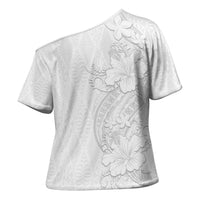 Tokelau White Sunday Cross Shoulder Shirt Elegant Hibiscus Polynesian Tribal Pattern LT05 - Polynesian Pride