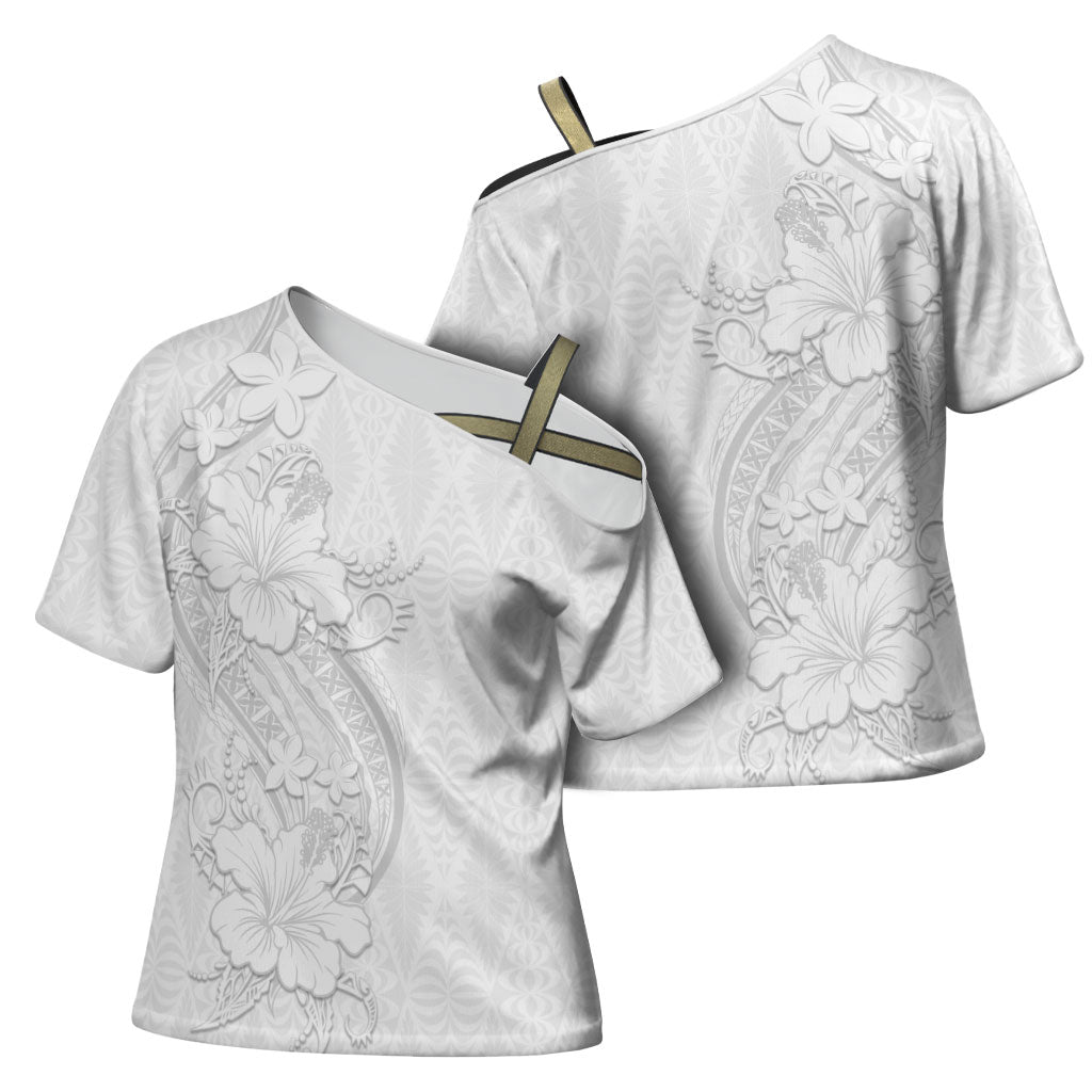 Tokelau White Sunday Cross Shoulder Shirt Elegant Hibiscus Polynesian Tribal Pattern LT05 - Polynesian Pride