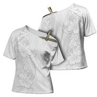 Tokelau White Sunday Cross Shoulder Shirt Elegant Hibiscus Polynesian Tribal Pattern LT05 - Polynesian Pride